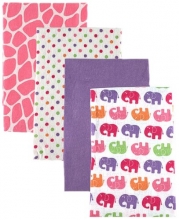 Luvable Friends 4 Count Flannel Receiving Blanket Set, Pink Elephant