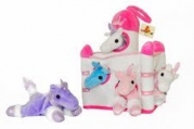 Plush Unicorn Castle with Animals - Five (5) Stuffed Animal Unicorns in Play Carrying Castle Case