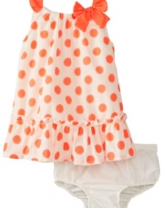 Kids Headquarters Baby-Girls Newborn Coral Dot Print Solid Strap Bow Dress, Orange, 6-9 Months