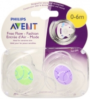 Philips AVENT BPA Free Contemporary Freeflow Pacifier, 0-6 Months, 2-Pack, Colors and Designs May Vary