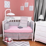 Chevron Zig Zag Pink and Gray 5 Piece Baby Crib Bedding Set with Bumper