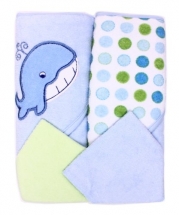 Spasilk Hooded Terry Bath Towel with Washcloths, Whale Blue, 2-Count
