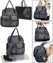 3 Piece Set Diaper Bag, Bottle Zipper Pouch, Changing Mat and Bonus Reusable Tote Bag (Black - Small Dots)