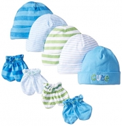 Gerber Baby-Boys Newborn 5 Pack Caps and 4 Pack Mitten Bundle Cute, Blue, 0-6 Months