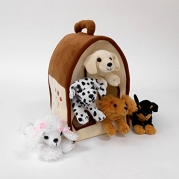 Plush Dog House -Five (5) Stuffed Animal Dogs (Dalmation, Yellow Lab, Rottweiler, Poodle, Cocker Spaniel) in Play Dog House Carrying House