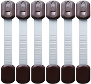 Toddler Safety Locks | For Baby Proofing Cabinets, Drawers, Appliances, Toilet Seat, Fridge, Oven and more | No Drilling | Uses 3M Adhesive with Adjustable Strap and Latch System (6 Pack, Brown)