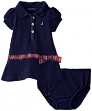 Nautica Baby Girls' Solid Pique Dress with Plaid Details, Navy, 18 Months