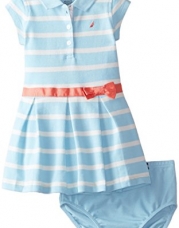 Nautica Baby Girls' Yarn Dye Stripe Pique Dress with Pleated Skirt, Sky Blue, 18 Months