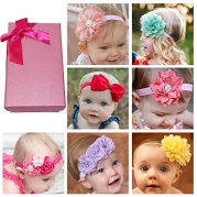 Elesa Miracle Hair Accessories Sweet Baby Girl's Gift Box with Chiffon Lace Hair Bow Flower Headband (7pc different style headband)