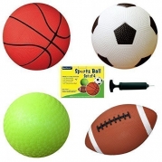 Set of 4 Sports Balls with 1 Pump, 5 Soccer Ball, 5 Basketball, 5 Playground Ball, 6.5 Football