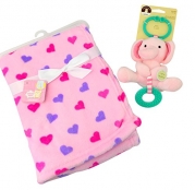 Baby Blanket and Teething Ring Bundle - Two Items: One Fleece Baby Blanket and One Chime and Chew Plush Animal Teething Ring Stroller and Carrier Attachment (Pink)