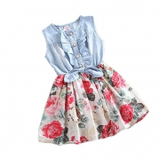 Girls Princess Dress Denim Skirts Bow Flower Ruffled Cute Sundress 2-6y