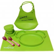 Children Placemat Set by Kidyme™ All-in-One Kids Flatware Dining Tray - Includes Plate, Silicon Bucket Toddler Bib With Adjustable Snaps, Child Cup, Fork with Spoon - Dishwasher Safe